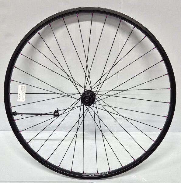 28" Hinterrad, Felge: Schürmann YAK DISC, 23-622, schwarz, geöst, AV/DV. Nabe: 8-/9-/10-/11-fach, Shimano QC300/QC400/M4050, Hohlachse, Center Lock, schwarz